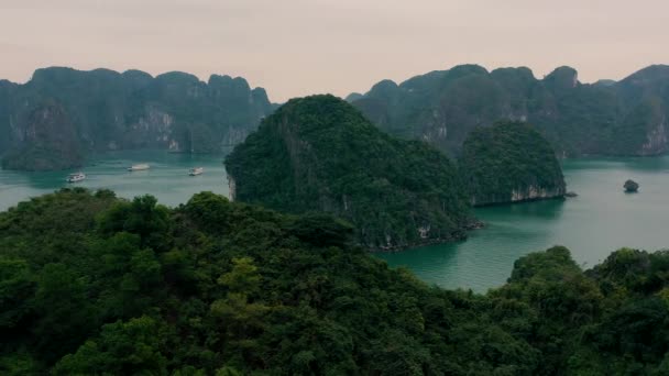 HALONG BAY, VIETNAM - ABRIL, 2020: Vista panorámica aérea de las islas rocosas con bosques tropicales de la bahía de Halong en Vietnam . — Vídeos de Stock