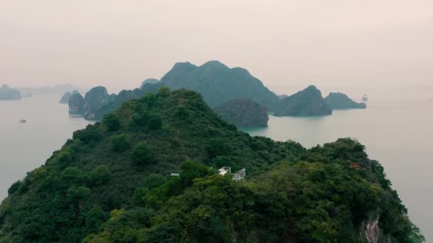 АЛОНГ-БЕЙ, ВЬЕТНАМ - АПРЕЛЬ, 2020: Вид с воздуха на обитаемый скалистый остров Халонг-Бей во Вьетнаме . — стоковое видео