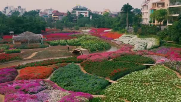 HANOI, VIETNAM - Duben 2020: Letecký pohled na květinovou zahradu s verandami a průplavem u západního jezera Hanoje. — Stock video