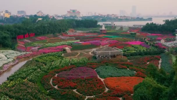 HANOI, VIETNAM - APRIL, 2020: Aerial view of the flower garden with decorative mill and view of the west lake of Hanoi. — Stock Video