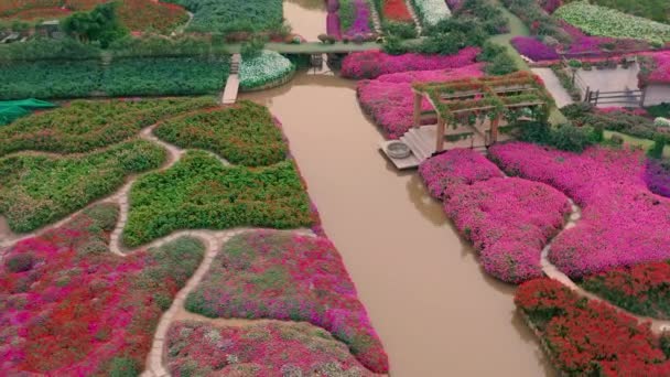 HANOI, VIETNAM - APRIL, 2020: Aerial drone view of the flower garden with verandas and canal near west lake of Hanoi. — Stock Video