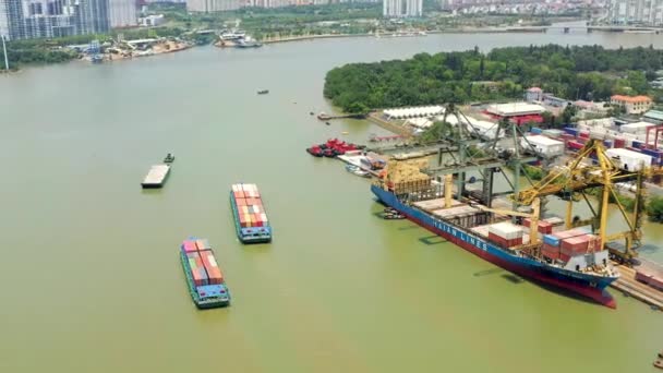 HOCHIMINH, VIETNAM - APRILE, 2020: Veduta aerea del carico su una nave nel porto vicino al fiume Saigon a Hochiminh . — Video Stock