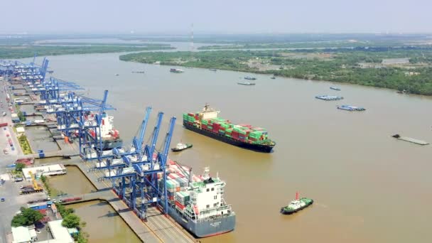 HOCHIMINH, VIETNAM - APRIL, 2020: Letecký panoramatický výhled na naložené lodě a jeřáby v přístavu Hochiminh. — Stock video