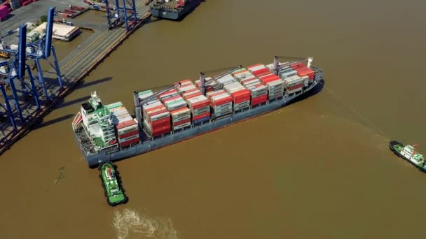 HOCHIMINH, VIETNAM - APRIL, 2020: Hochiminh 항구에 직접 정박하는 화물선 과 예인선의 항공 사진. — 비디오