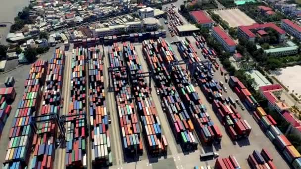 HOCHIMINH, VIETNAM - APRIL, 2020: Aerial panorama view of the warehouse with containers in the port of Hochiminh. — Stock Video