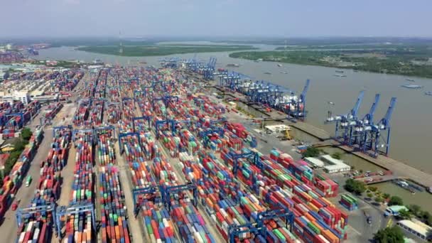 HOCHIMINH, VIETNAM - ABRIL, 2020: Vista aérea del puerto con muchas grúas y contenedores cerca del río en Hochiminh . — Vídeos de Stock
