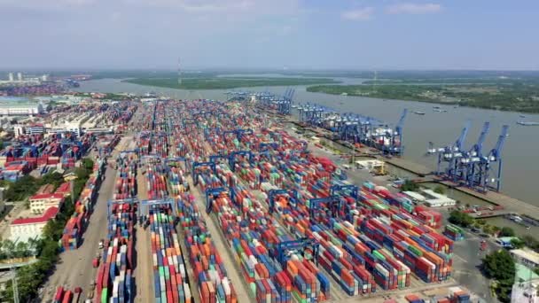 HOCHIMINH, VIETNAM - ABRIL, 2020: Vista aérea del puerto con muchas grúas y contenedores cerca del río en Hochiminh . — Vídeos de Stock