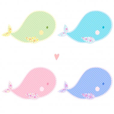 Patchwork sevimli balina izole vektör çizim seti
