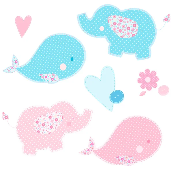 Set di patchwork balene carino ed elefanti — Vettoriale Stock
