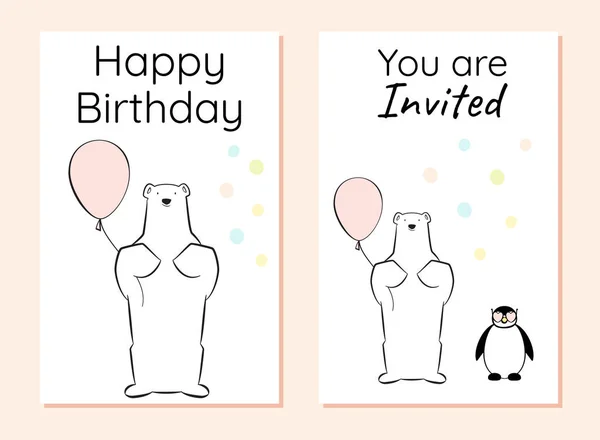 Feliz cumpleaños y tarjeta de invitación con un oso polar y un pingüino — Vector de stock