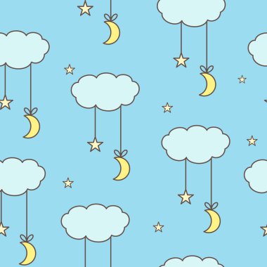 Bulutlar, yıldızlar ve ay kesintisiz vektör arka planda karikatür tarzı