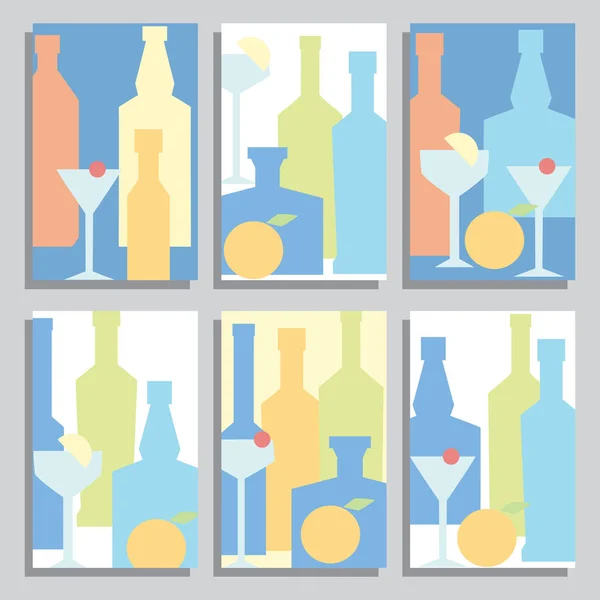 Een aantal brochures met flessen alcohol en cocktails — Stockvector