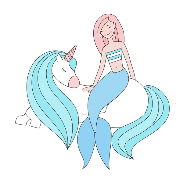 Bastante sirena y un hermoso unicornio aislado vector ilustración — Archivo Imágenes Vectoriales