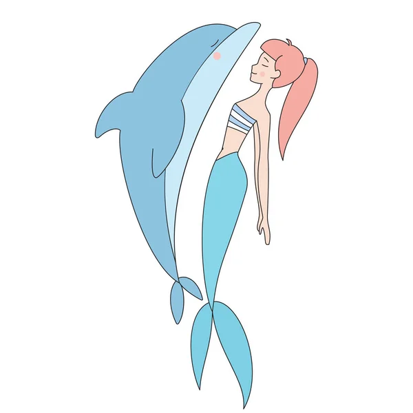 Illustrazione vettoriale isolata di sirena e delfino — Vettoriale Stock