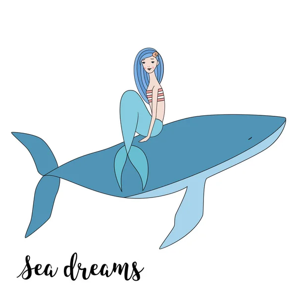 Sirena siede su una balena isolato illustrazione vettoriale — Vettoriale Stock
