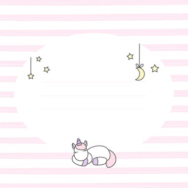 Tebrik kartı ile uyuyan bir tek boynuzlu at. Ay ve yıldız