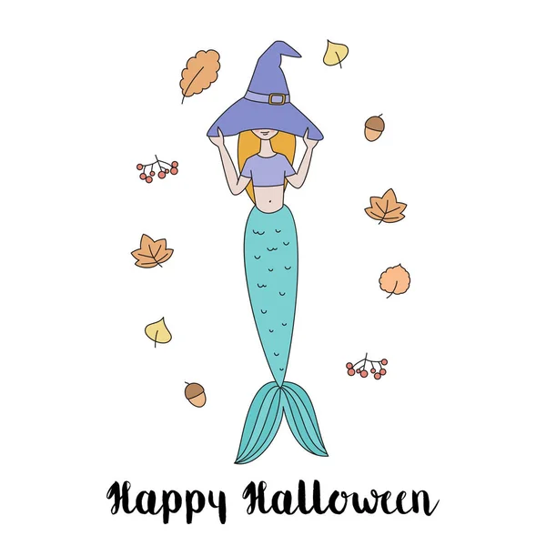 Sirena in cappello strega isolato vettoriale illustrazione. Buon Halloween — Vettoriale Stock