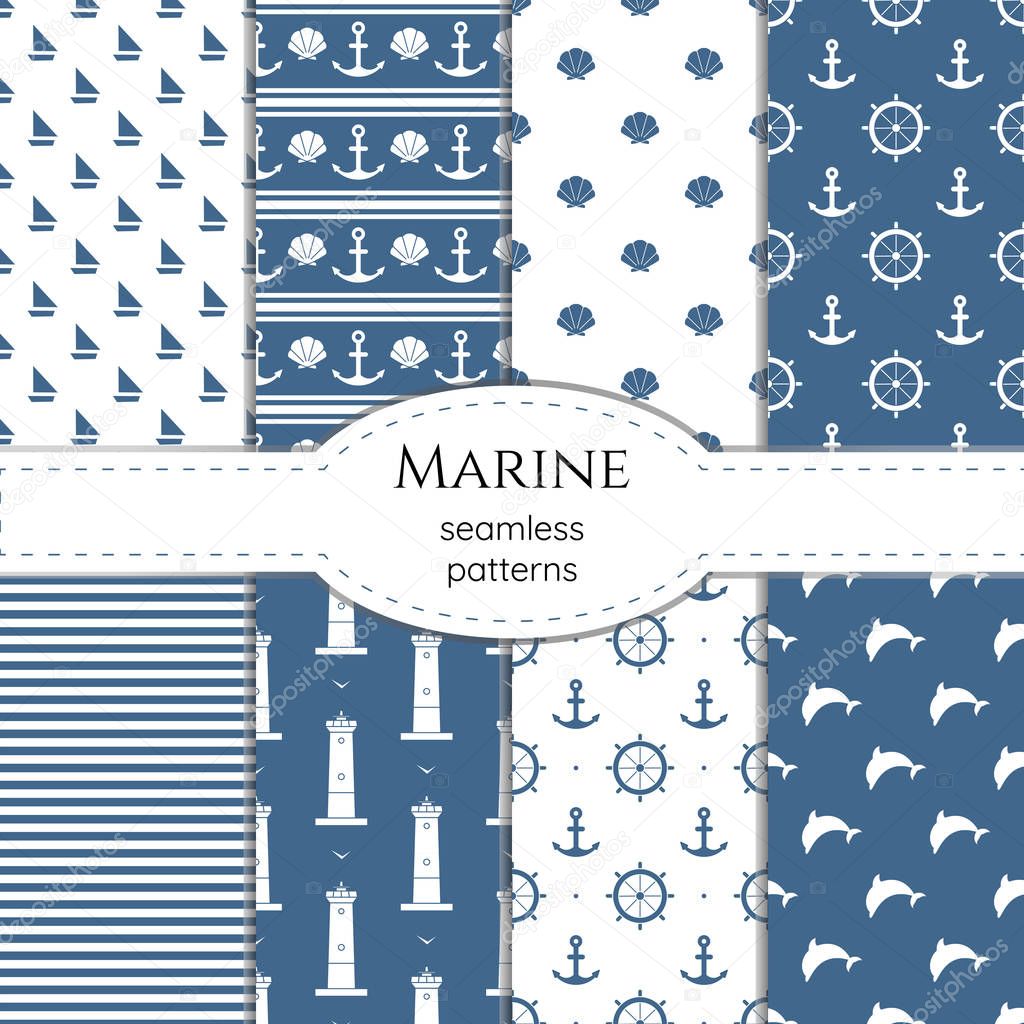 Set of marine seamless minimalistic vector patterns