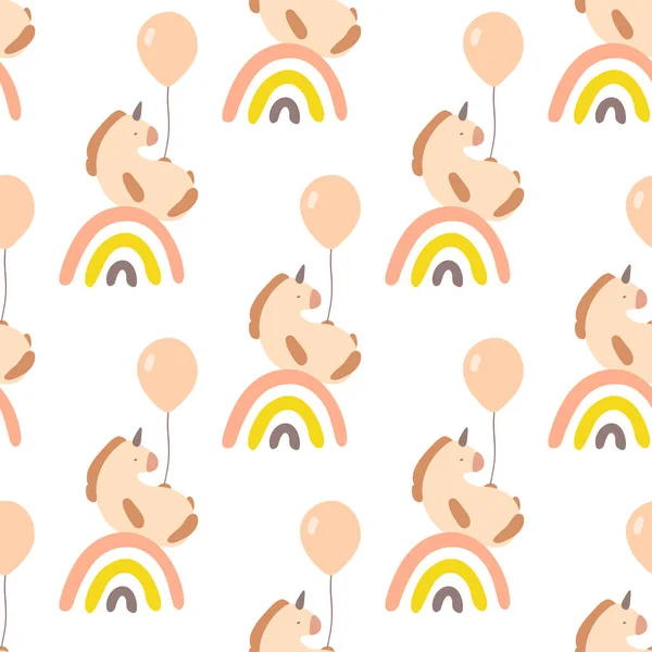 Unicorni con arcobaleni e palloncini modello vettoriale senza soluzione di continuità . — Vettoriale Stock