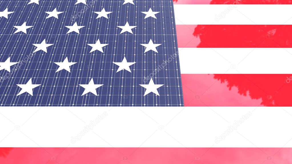 Concepto de Energía Solar usando la Bandera de los Estados Unidos 3d Illustratio 2023