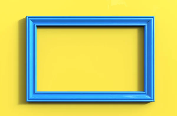3d representación de marco de fotos de color azul colgante moderno en un yello —  Fotos de Stock