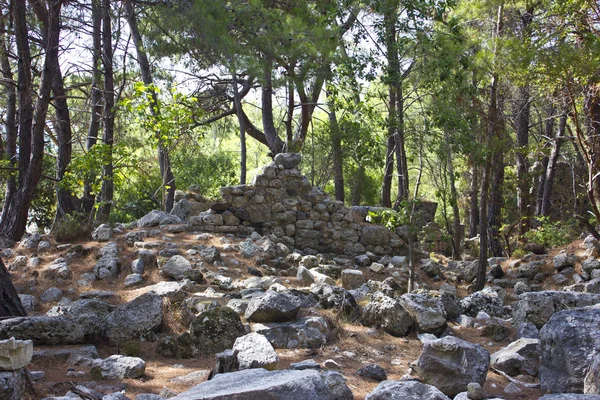 Antiguas ruinas antiguas del Lycian en Phaselis Piedras envejecidas en el bosque de los pinos — Foto de Stock