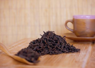 Siyah kayrak çay bir tahta kaşık ve bir ahşap tepsi