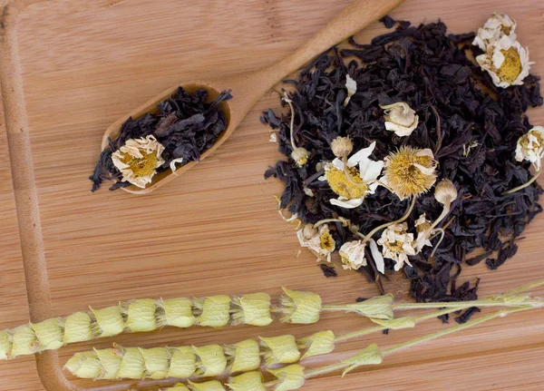 与鼠尾草和洋甘菊的易碎红茶。关于对 tr 木勺 — 图库照片