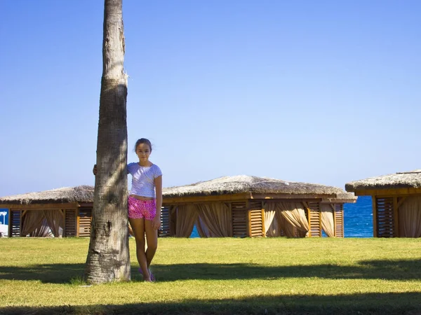 Una chica al lado de una palmera sobre un fondo de casa de playa de madera —  Fotos de Stock