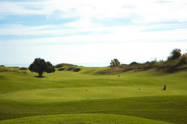 Golfplatz in Belek. Grünes Gras auf dem Feld. blauer Himmel, sonnig Stockbild