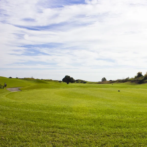 Golfbanan i Belek. Grönt gräs på fältet. Blå himmel, solig — Stockfoto