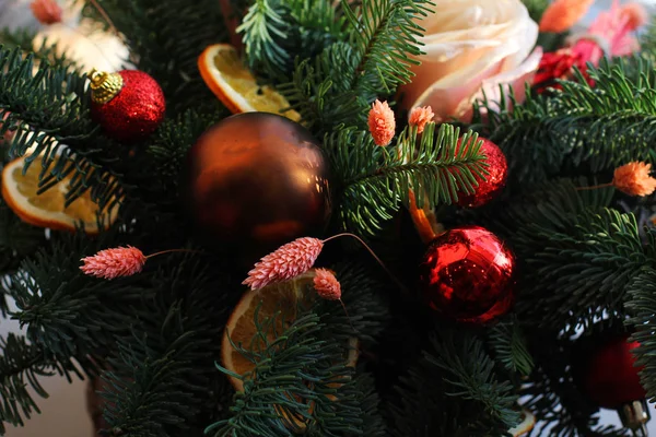 New year composition of fir branches, cones, Christmas balls, dr. — стоковое фото