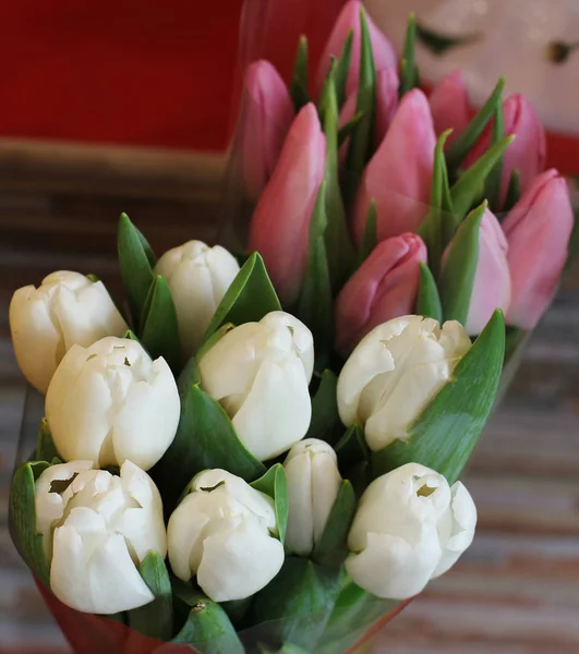 Bouquets of white and pink tulips — Stock Photo, Image