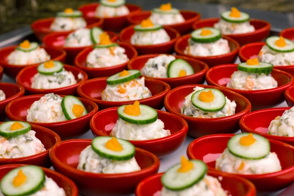Ensalada de porciones con mayonesa en un plato rojo, decorado con una p — Foto de Stock