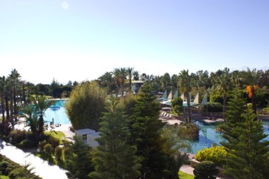 Otelin yüzme havuzları, deniz, palmiye ağaçları, görünümü ve