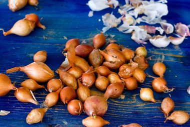 Bir mavi ahşap eski tahta üzerinde kahverengi tedavi edilmezse soğan