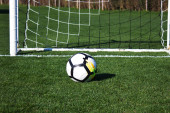 weißer Fußball im Tor auf einem grünen Rasenfußballfeld