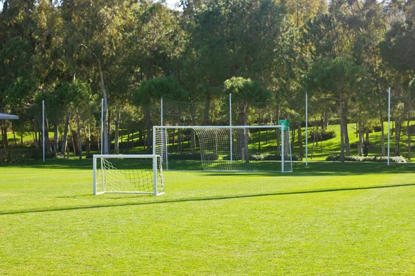 Campo de futebol com uma faixa branca e portões — Fotografia de Stock