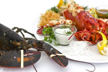 Beyaz bir tabakta sebze ile canlı ve pişmiş ıstakoz. Isolat