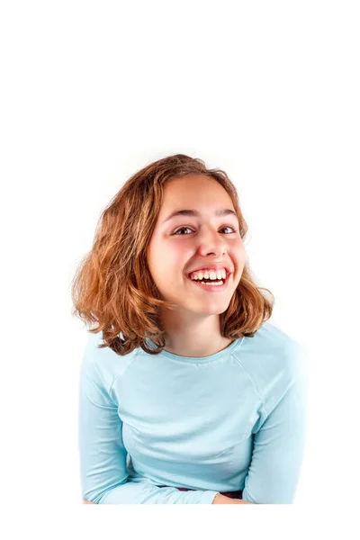 Pretty cute laughing teenager girl with curly hair isolated — Stock Photo, Image