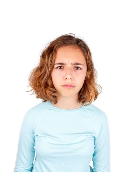 Sad crying teenager girl isolated. Pretty curly young girl with big eye looking to camera — Stock Photo, Image