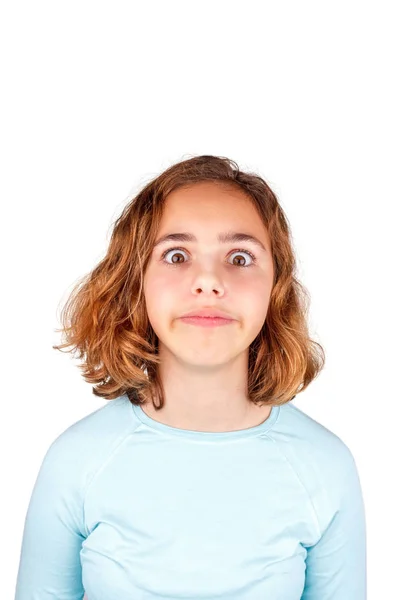 Cute teenager girl with funny face expression looking to camera, isolated. April fool day — ストック写真
