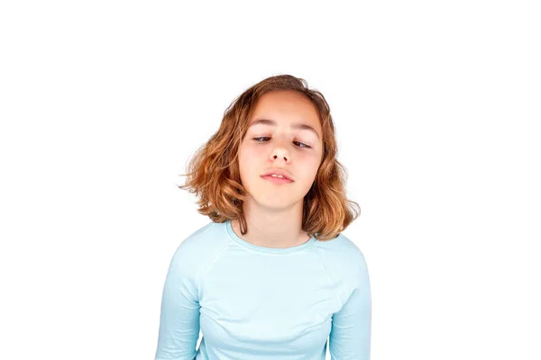 Cute teenager girl with funny face expression looking to camera, isolated. April fool day — ストック写真