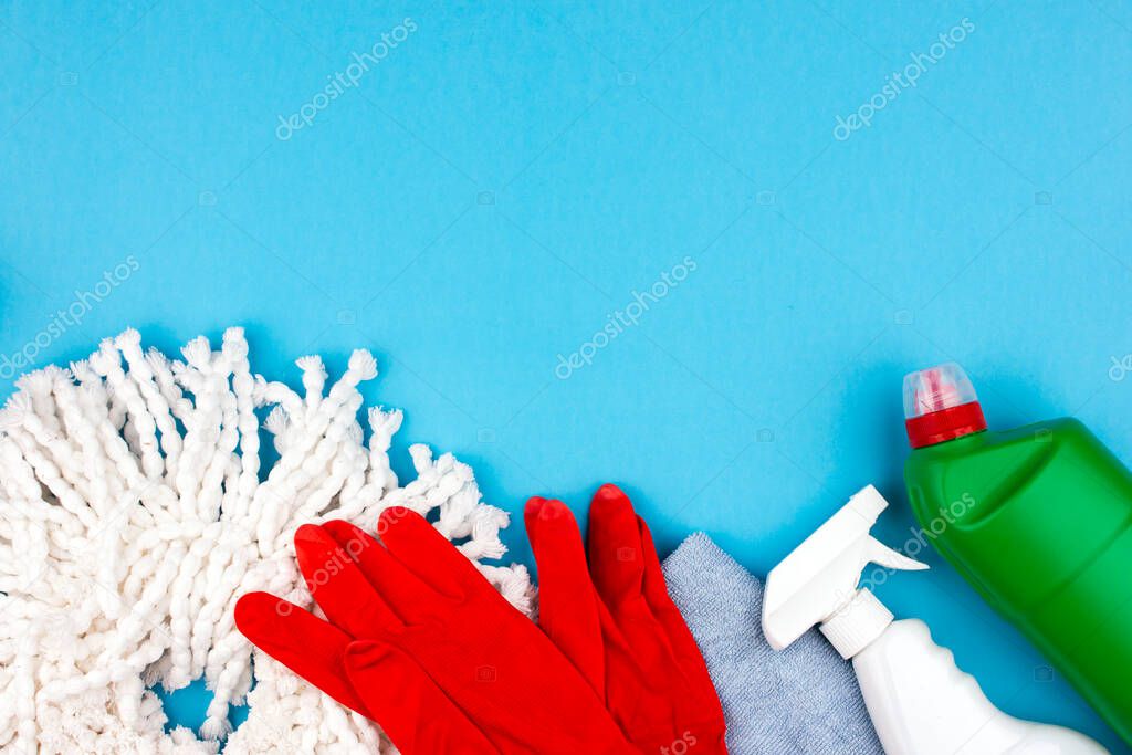 Cleaning tools. Set of cleaning supplies - Spray and cleaning agent, gloves, brush and sponge.