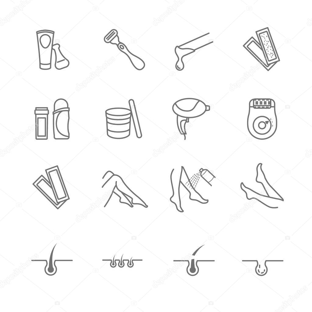 Hair removal tools icons set