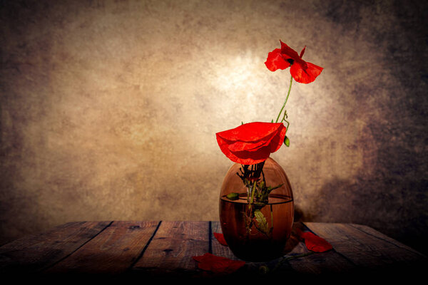 Poppy in vase on wooden table with brown background