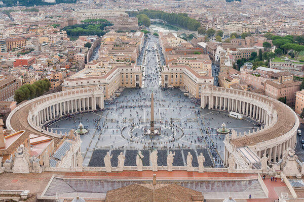 Vatican City State - October 08, 2018 : Aerial View of St. Peter's Square (Piazza San Pietro) from the Dome of St. Peter's Basilica (Papal Basilica of Saint Peter), Rome, Italy