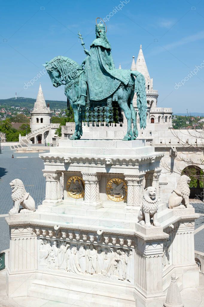 Budapest, Hungary - APRIL 24. 2020: Statue of St. Stephen King at Fisherman's bastion in Budapest