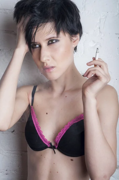 Young Woman Smoking Inderwear — Stock Photo, Image