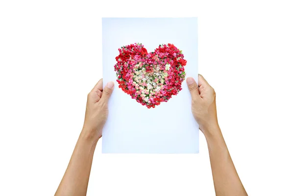 Mujer manos sosteniendo papel plano con imagen de corazón rosas flor — Foto de Stock